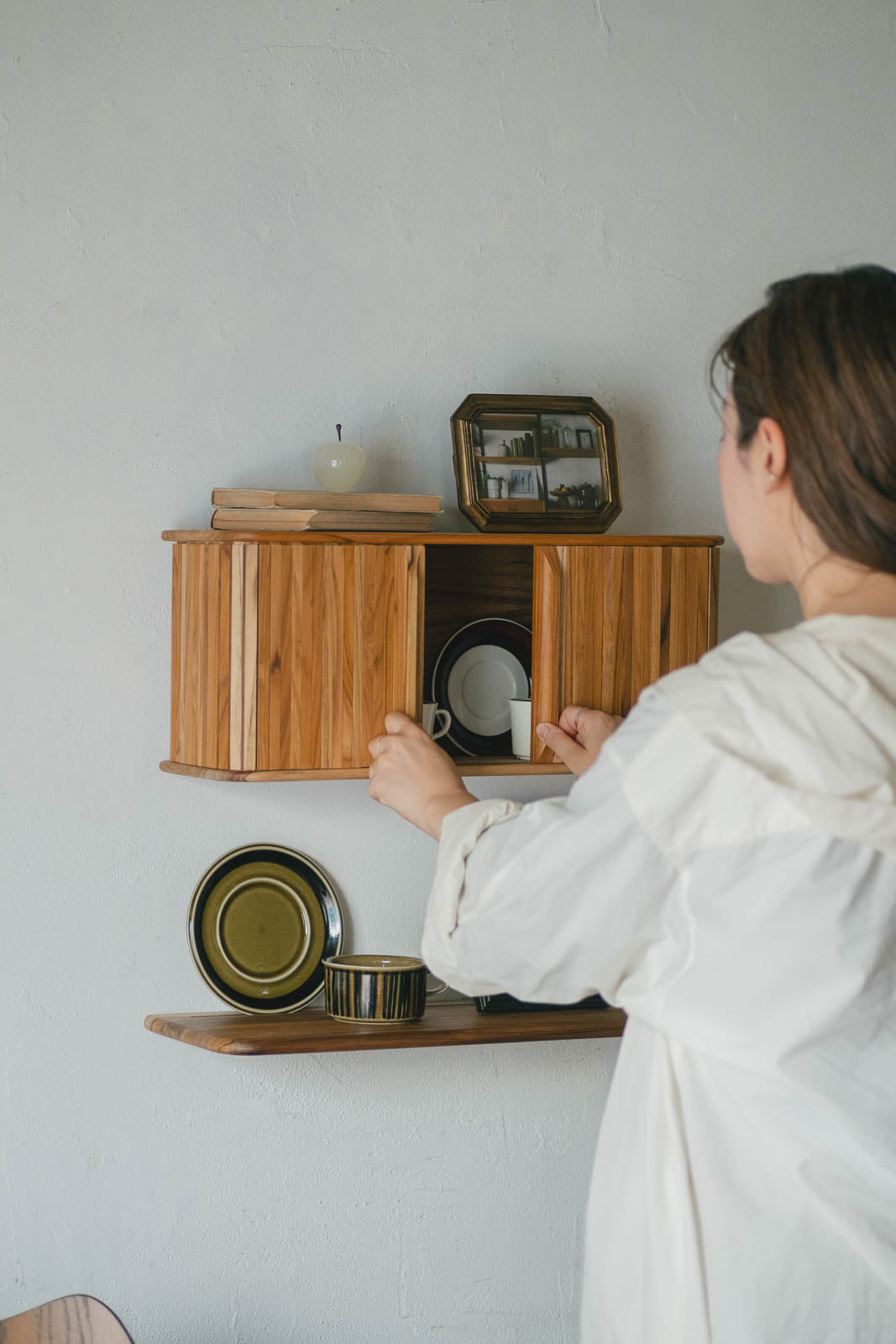 Teak sliding shelf