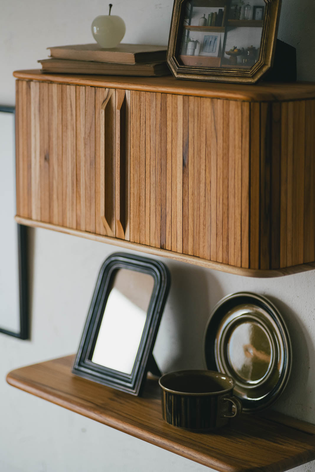 Teak sliding shelf
